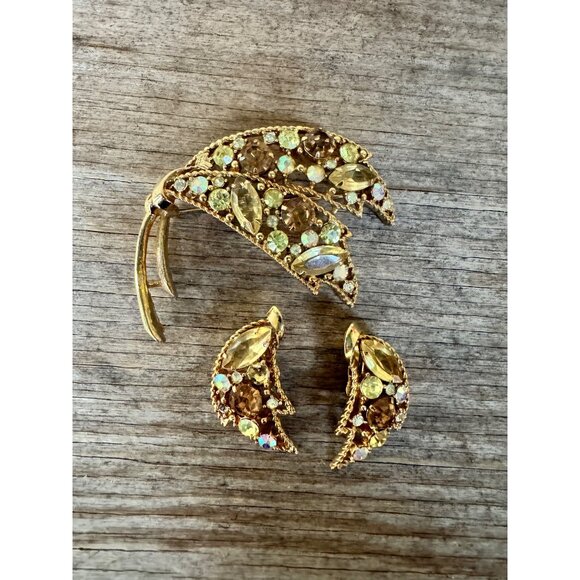 Emmons BOpen Back Rhinestone Lily Flower Brooch Pin Earrings Demi parure - Picture 10 of 10